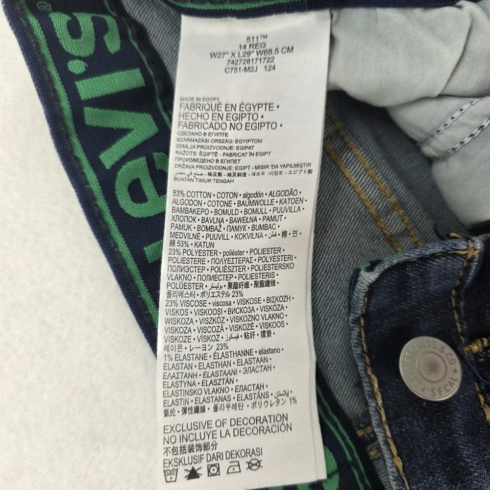 Levi Strauss Boys 511 Slim Jeans Blue Size 14 Regular 27x29 Adjustable Waist